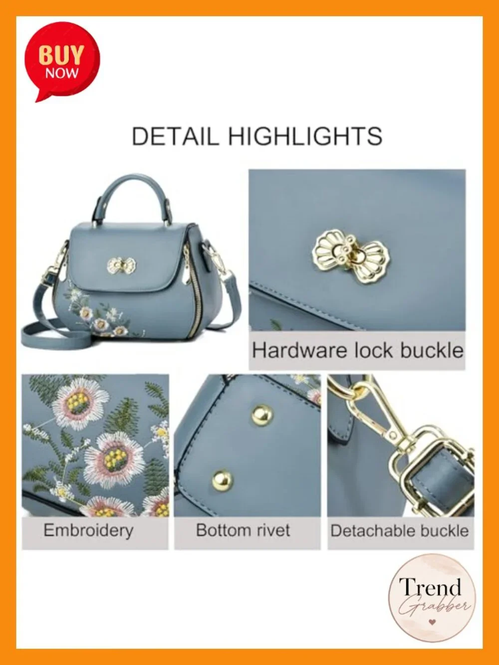Embroidered Flap Satchel Purse with Top Handle Adjustable Strap